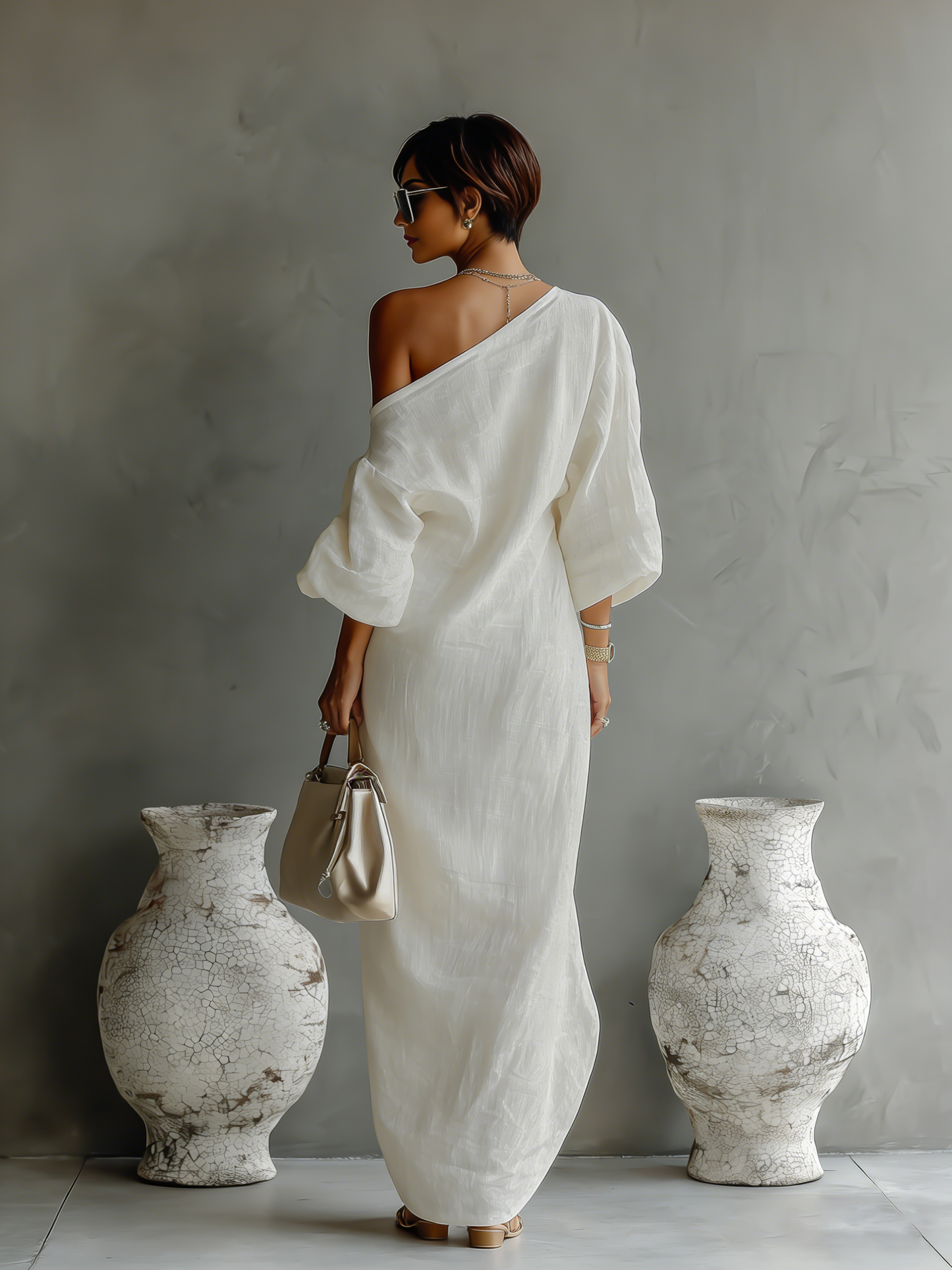 🌸 Elegant Flowing Cotton-Linen Dress in Ivory White with One-Shoulder Design