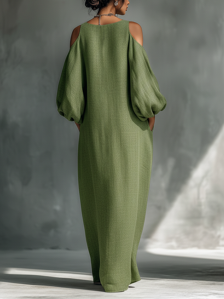 Veronica | Women’s light green off-shoulder maxi dress with oversized puff sleeves and side pockets