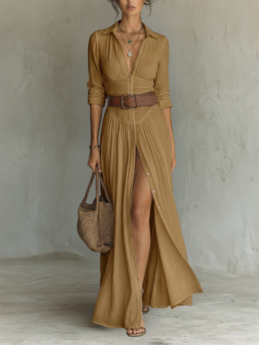 Long Maxi Dress with Notched Lapel Collar and Long Sleeves • S2