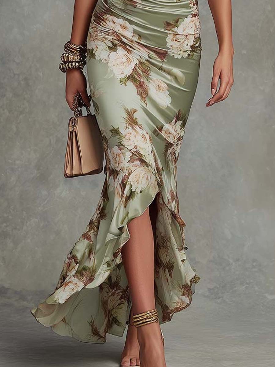 Anna – Asymmetric Green Satin Maxi Dress with V-Neck, Ruched Bell Sleeves and Floral Print