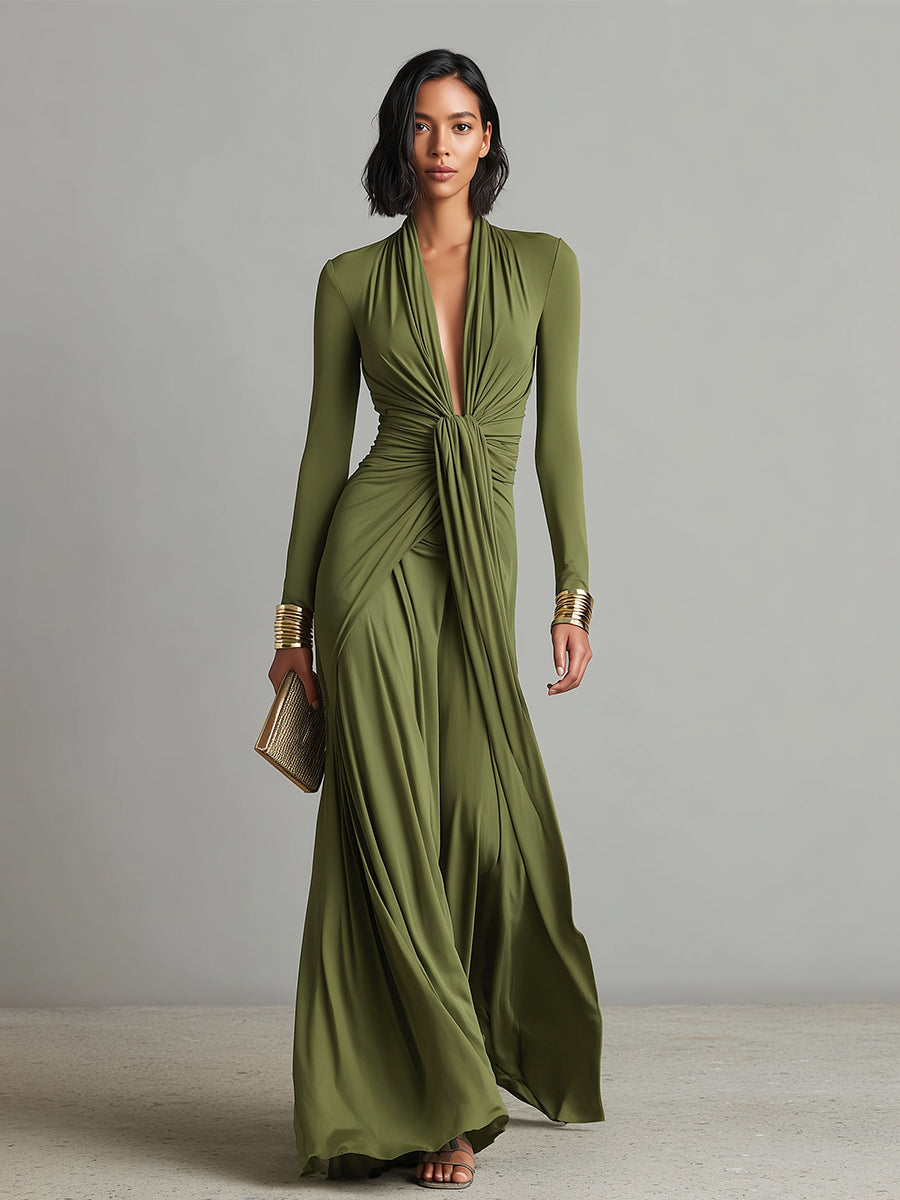 🌸 Olive Green Long Elastic Silk Dress with Deep V-Neck and Ruched Details, Glamorous Maxi Dress
