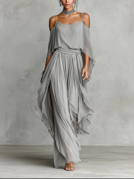 Isabella | Grey Flowing Top & Chiffon Trousers Set