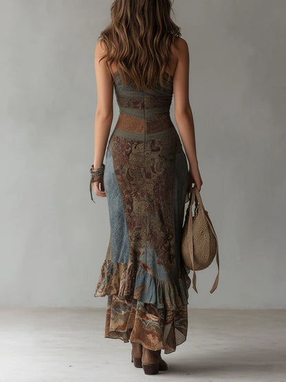Elena | One-Shoulder Ethnic Print Maxi Dress with High Split