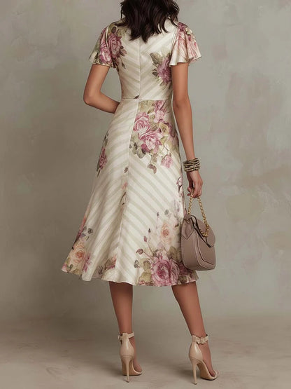 ESSENTIAL - Alba | Elegant Retro Floral Satin Midi Dress ✨