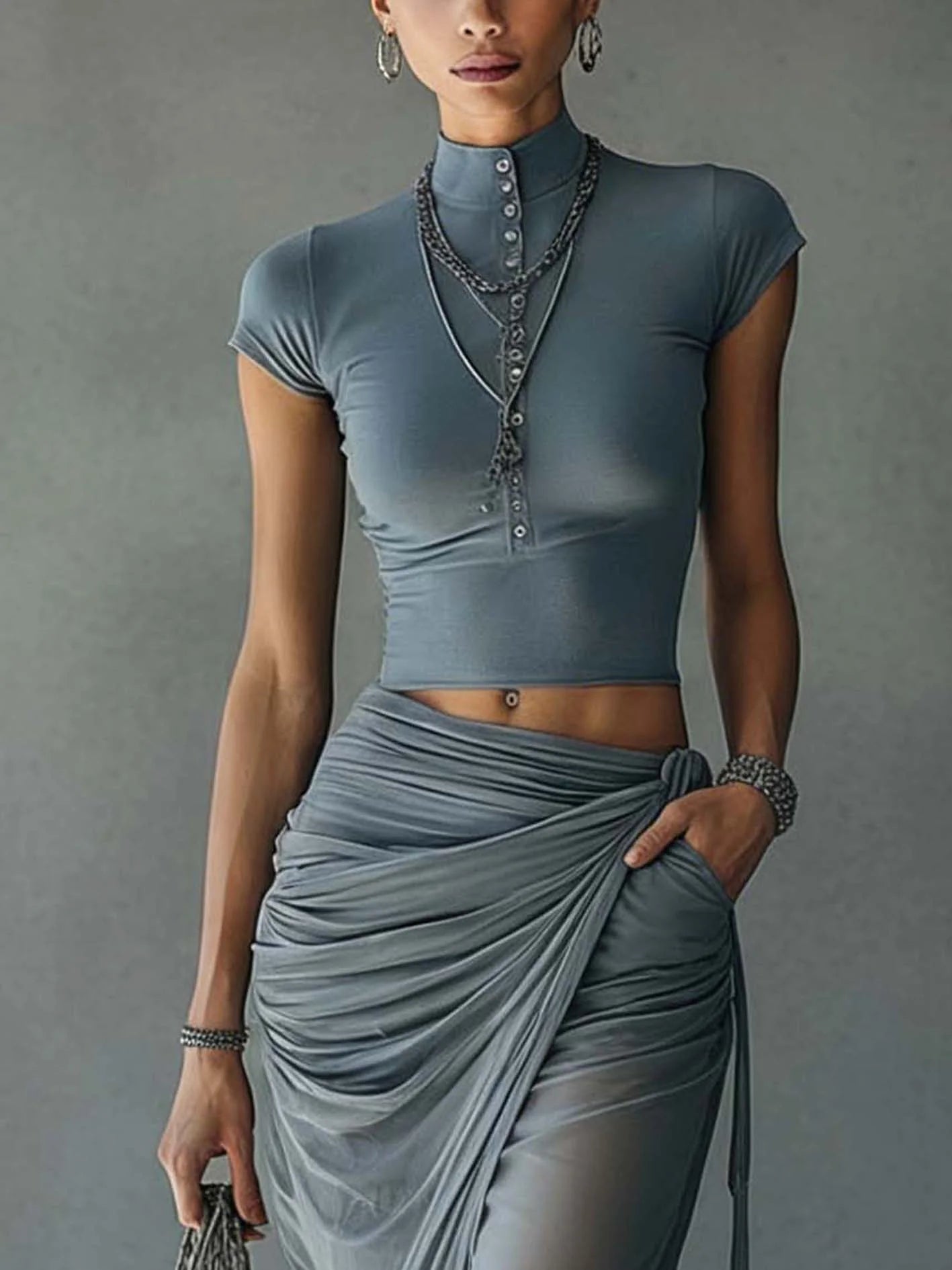 ARIADNA - BUTTONED TOP AND DRAPED SKIRT SET INCLUDED