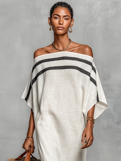 🌸 Women's Minimalist Linen Maxi Dress with Off-the-Shoulder Batwing Sleeves