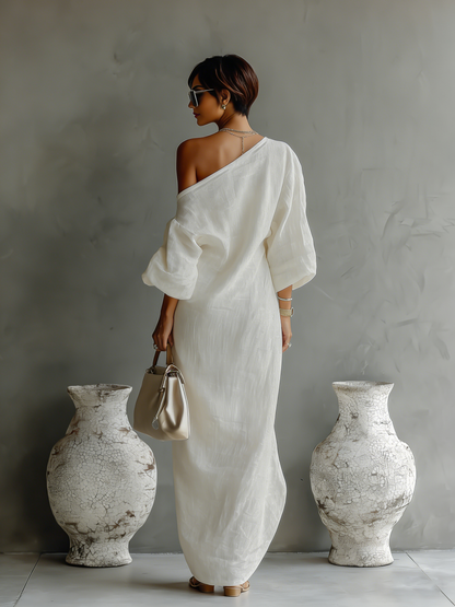 🌸 Elegant Flowing Cotton-Linen Dress in Ivory White with One-Shoulder Design