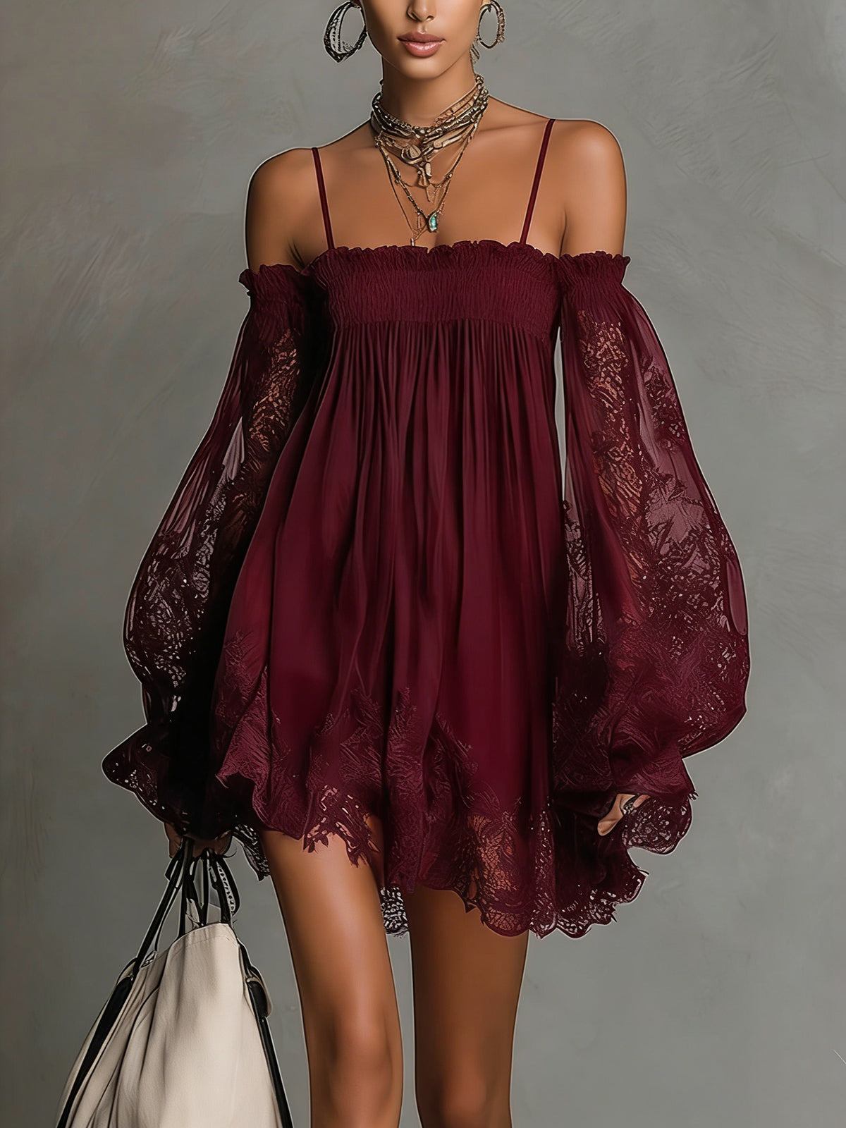 Noemi | Chiffon mini dress with an off-the-shoulder neckline, lace trim, and sheer sleeves