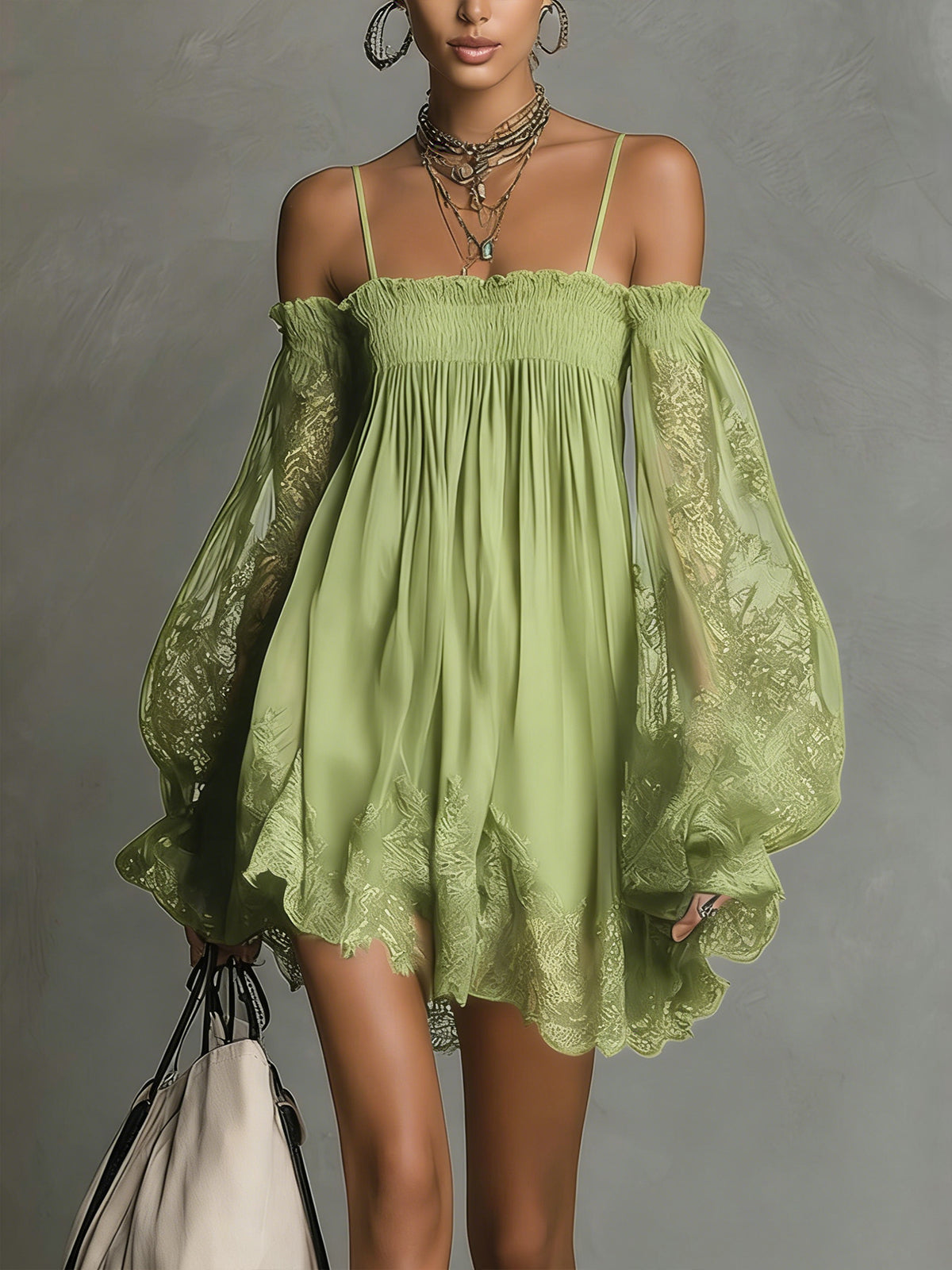 Noemi | Chiffon mini dress with an off-the-shoulder neckline, lace trim, and sheer sleeves