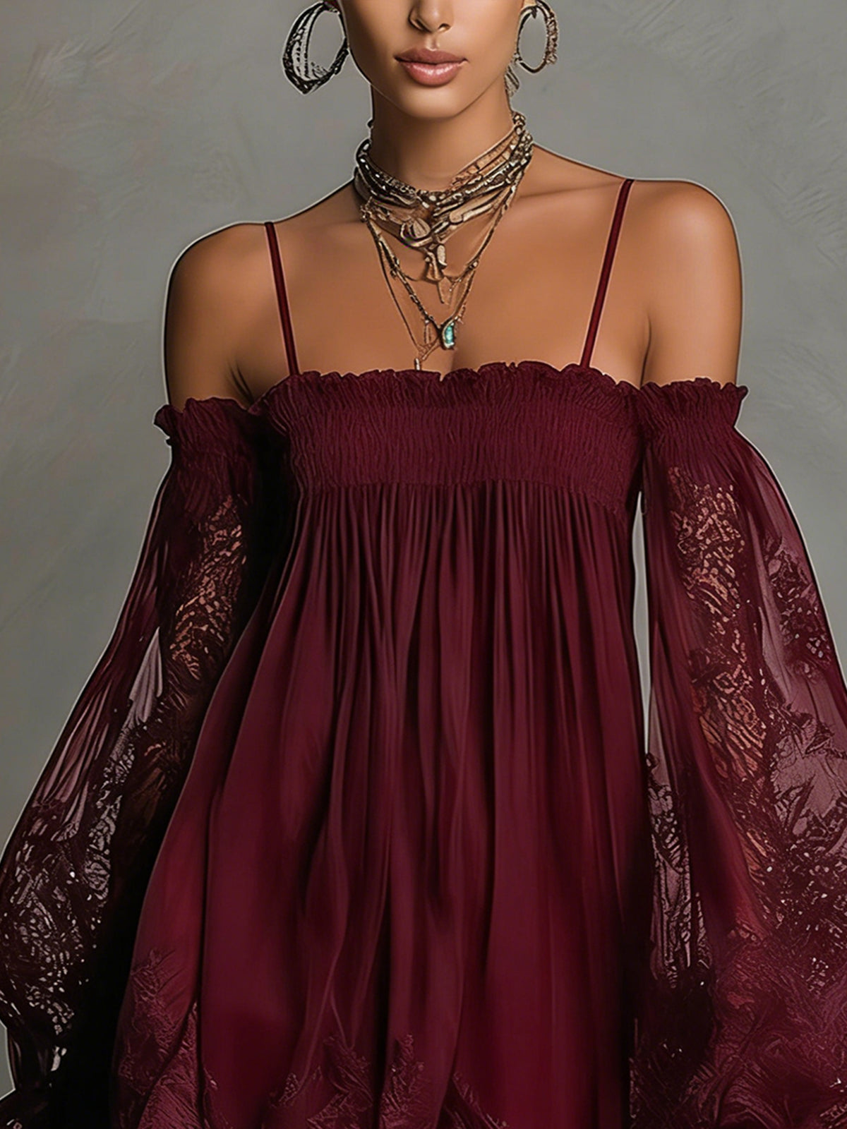 Noemi | Chiffon mini dress with an off-the-shoulder neckline, lace trim, and sheer sleeves