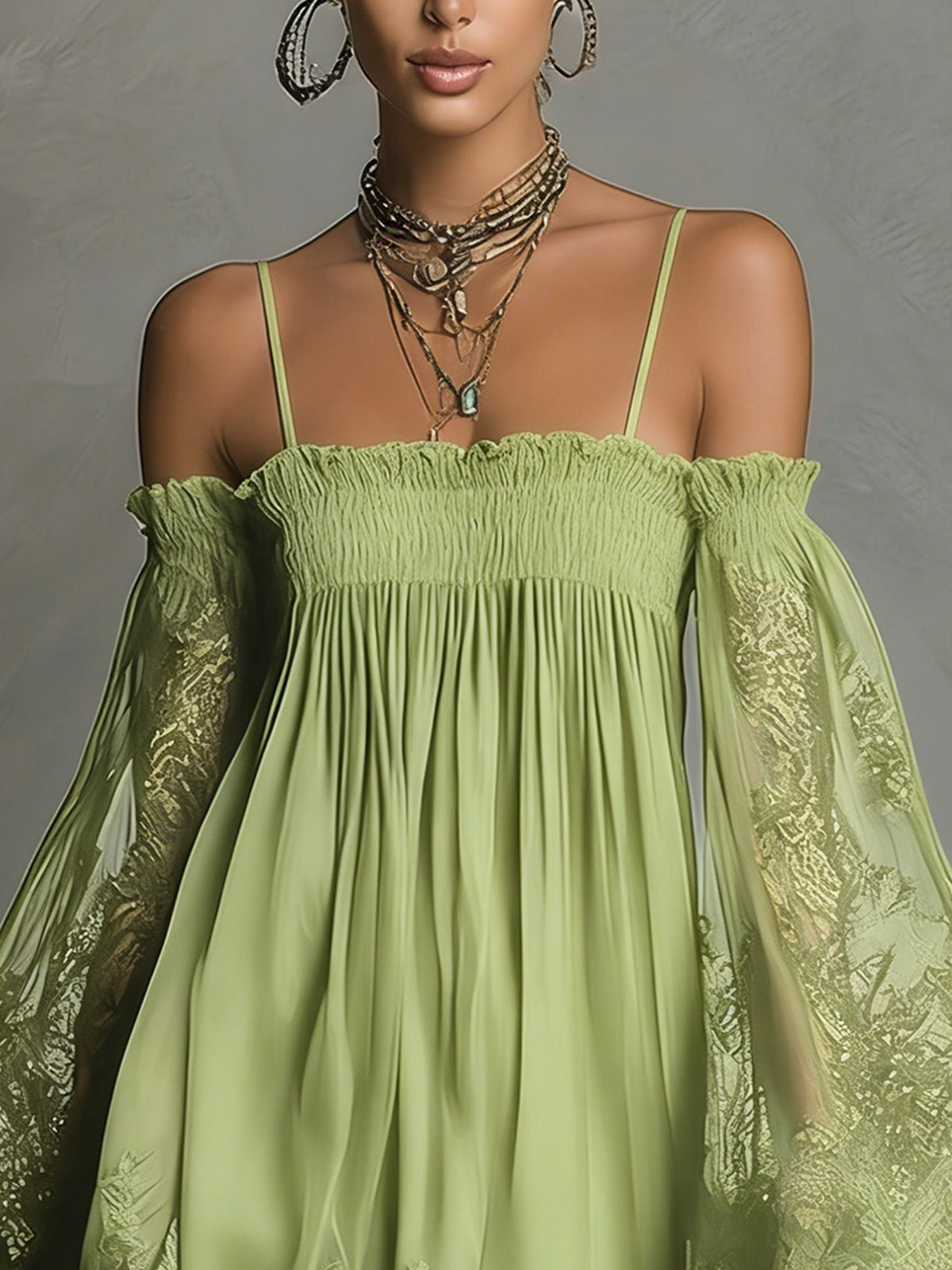 Noemi | Chiffon mini dress with an off-the-shoulder neckline, lace trim, and sheer sleeves
