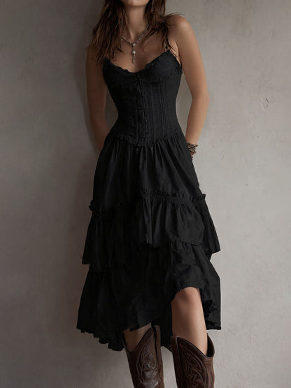 Retro Boho White Corset Tiered Midi Dress With Lace-Trim