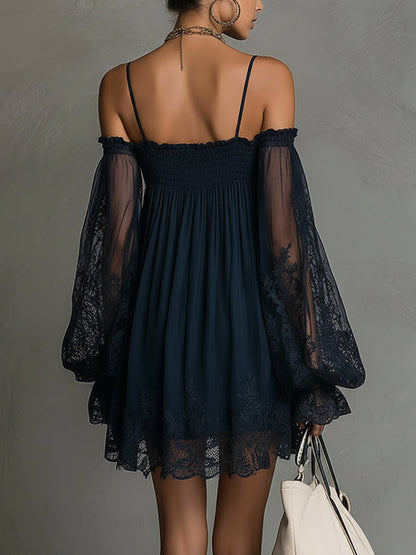 Noemi | Chiffon mini dress with an off-the-shoulder neckline, lace trim, and sheer sleeves