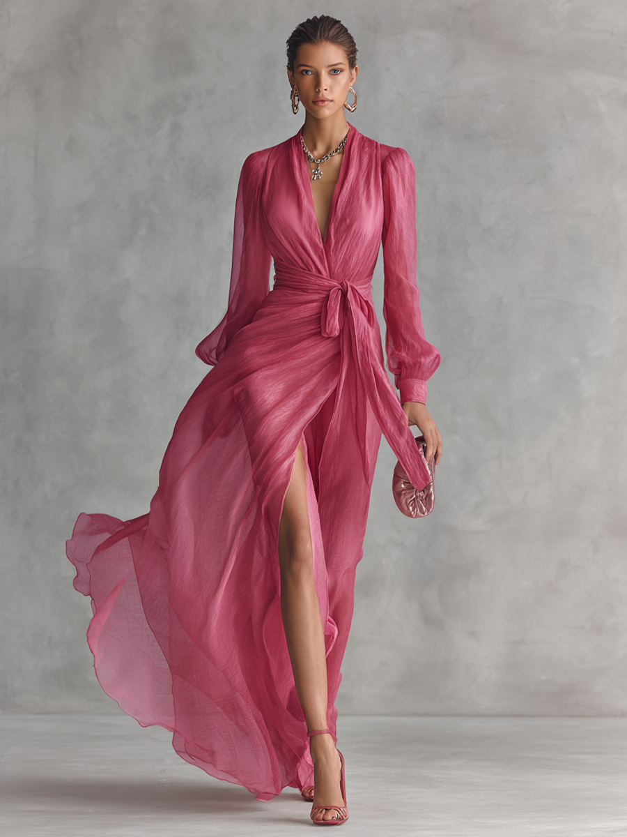 🌸 Elegant Pink Chiffon Maxi Dress with Pearls and V-Neck for Women
