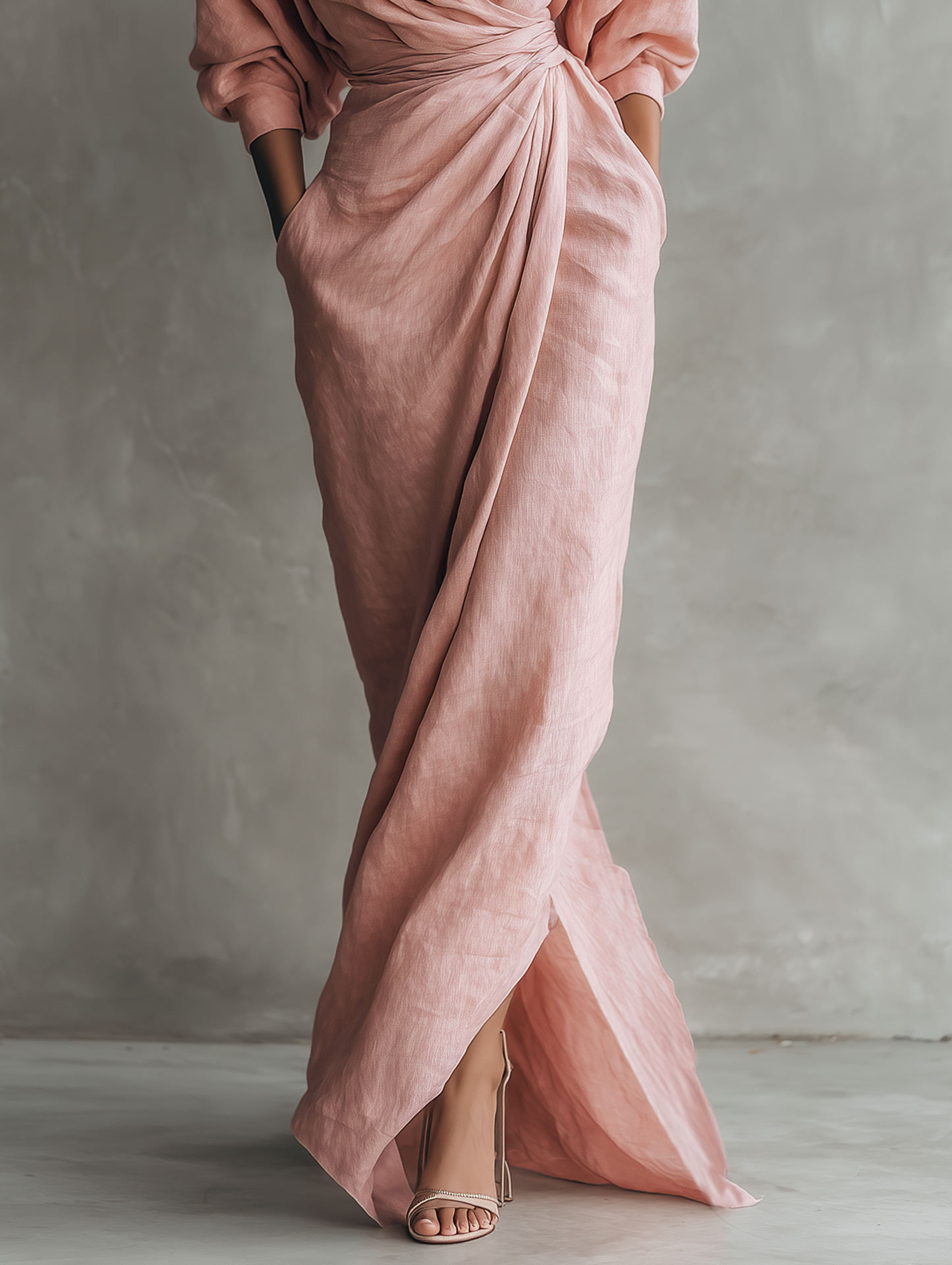 🌸 Women's Minimalist Maxi Dress in Pink with V-Neck, Linen Blend