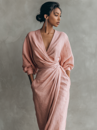 🌸 Women's Minimalist Maxi Dress in Pink with V-Neck, Linen Blend