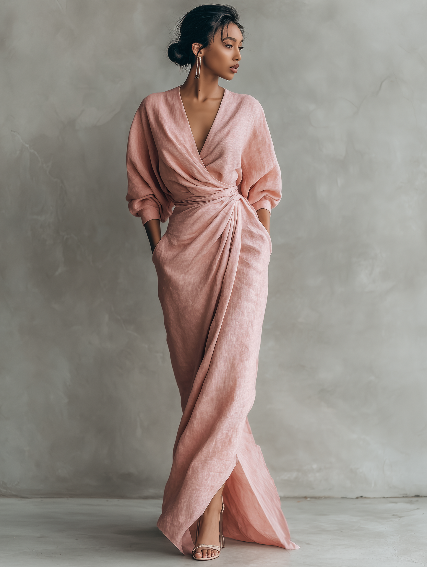 🌸 Women's Minimalist Maxi Dress in Pink with V-Neck, Linen Blend
