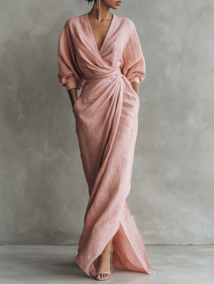 🌸 Women's Minimalist Maxi Dress in Pink with V-Neck, Linen Blend