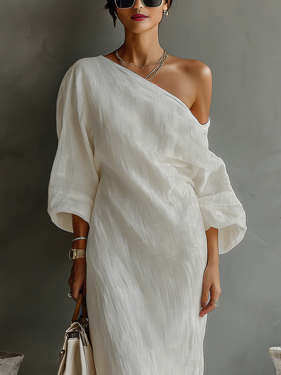 🌸 Elegant Flowing Cotton-Linen Dress in Ivory White with One-Shoulder Design
