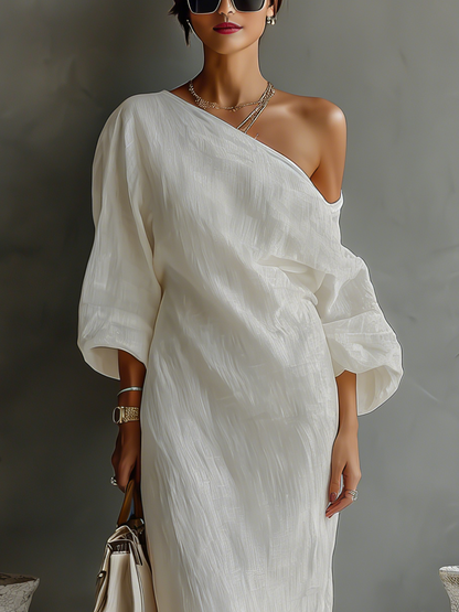 🌸 Elegant Flowing Cotton-Linen Dress in Ivory White with One-Shoulder Design