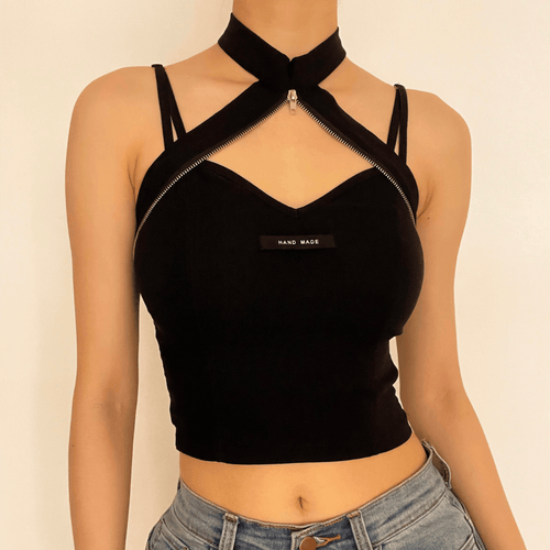 Heart neck zip halter crop top