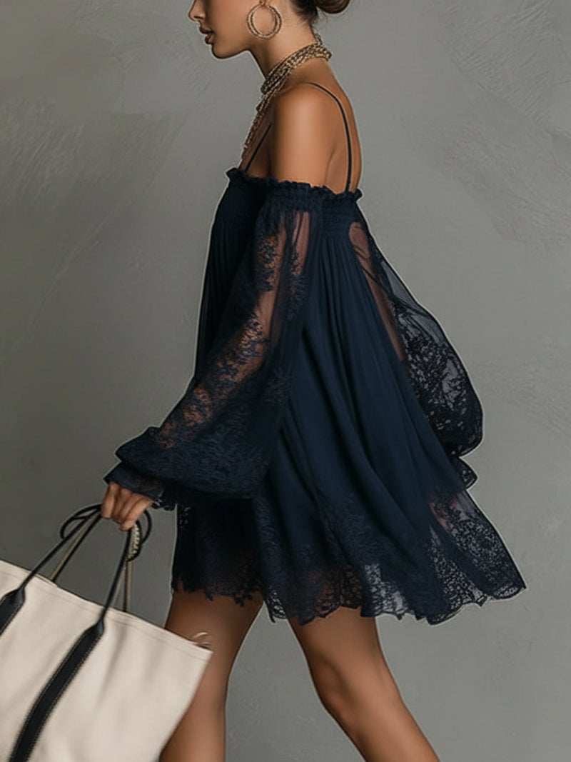 Noemi | Chiffon mini dress with an off-the-shoulder neckline, lace trim, and sheer sleeves