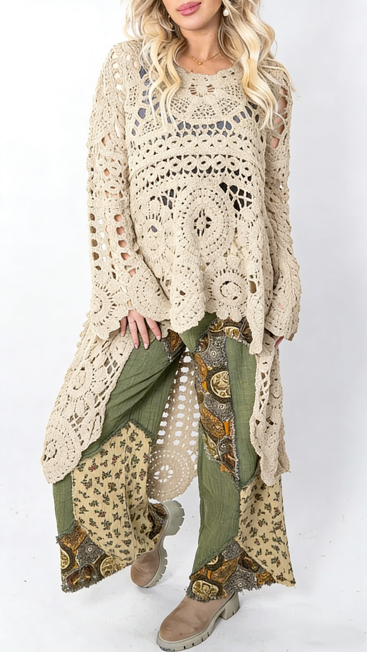 Women’s long casual top with round neckline and cutout details