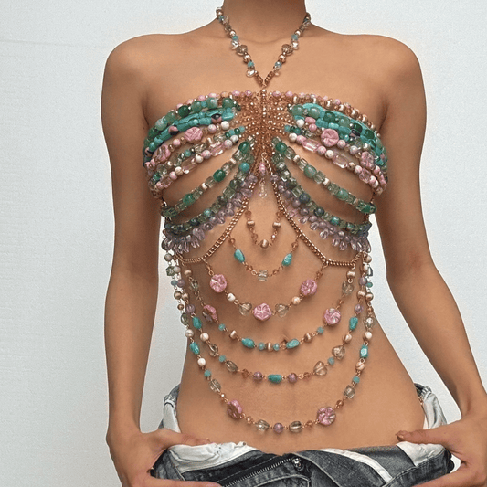 Halter beaded metal chain hollow out cut out top