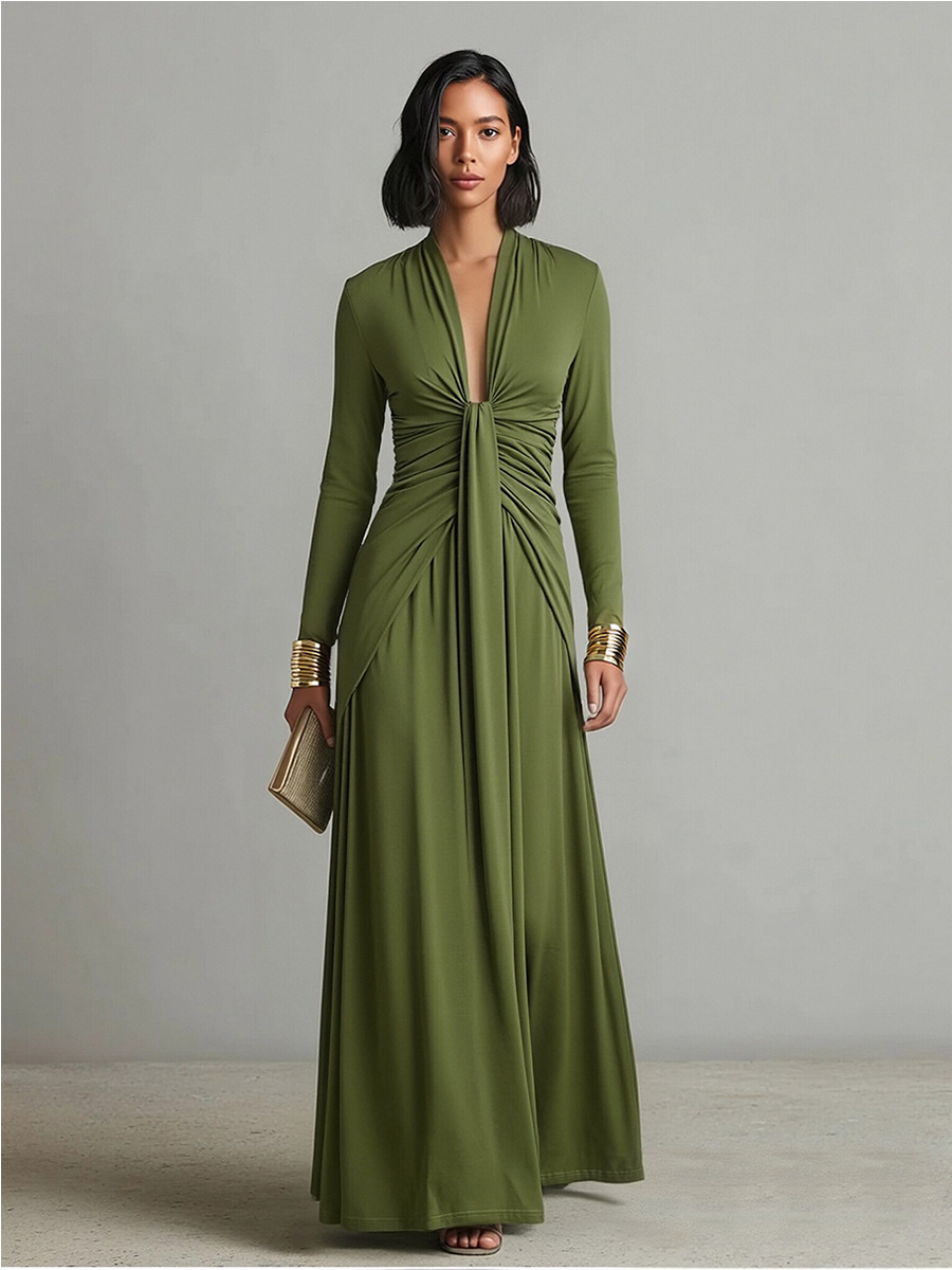 🌸 Olive Green Long Elastic Silk Dress with Deep V-Neck and Ruched Details, Glamorous Maxi Dress