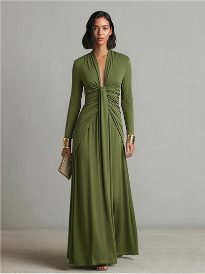 🌸 Olive Green Long Elastic Silk Dress with Deep V-Neck and Ruched Details, Glamorous Maxi Dress