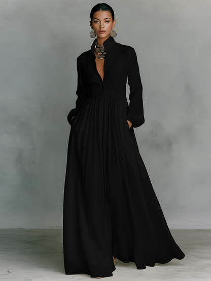 ESSENTIAL - Maxi Minimalist Dress in Cotton & Linen with Patchwork, High Collar and Long Sleeves