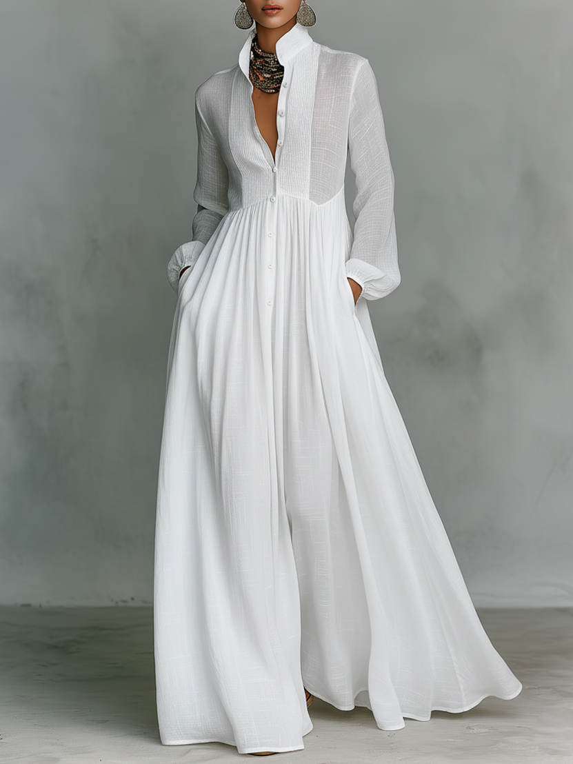 Minimalist Cotton & Linen Patchwork Maxi Dress with Stand Collar and Long Sleeves