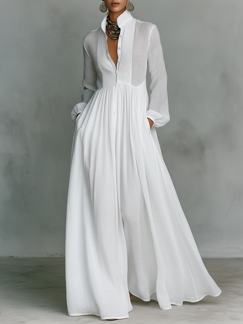 ESSENTIAL - Maxi Minimalist Dress in Cotton & Linen with Patchwork, High Collar and Long Sleeves