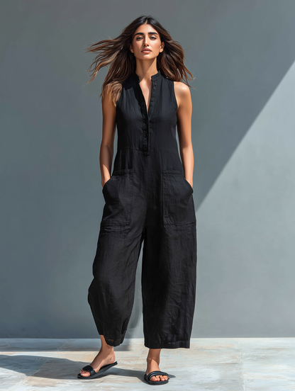 🌸  Women's Minimalist Sleeveless Linen-Blend Jumpsuit with High Collar and Buttons