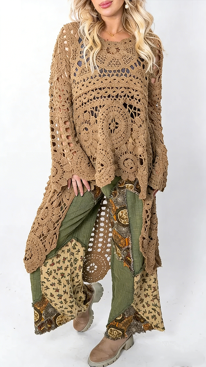 Women’s long casual top with round neckline and cutout details
