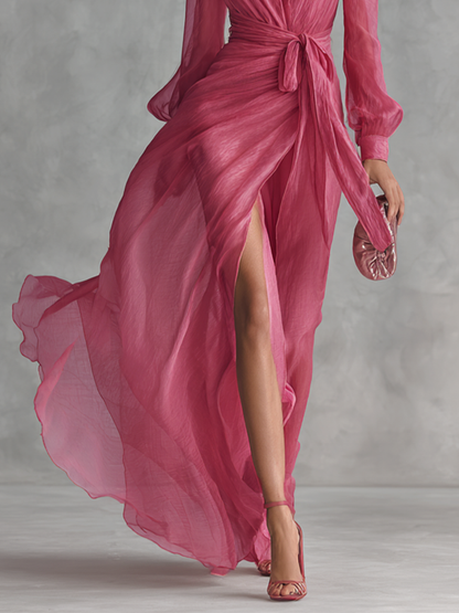 🌸 Elegant Pink Chiffon Maxi Dress with Pearls and V-Neck for Women