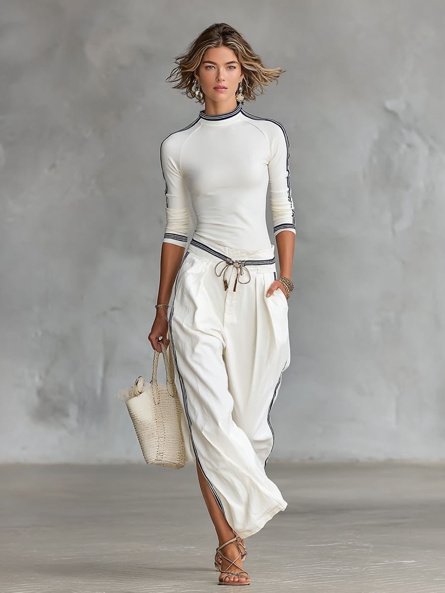 🌸 Women's Two-Piece Set: Long-Sleeve Sports T-Shirt with Mock Neck and Wide-Leg Drawstring Pants