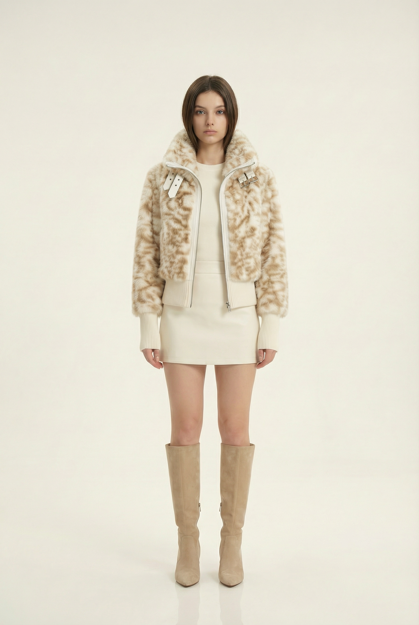 Julie Short Jacket with Stand Collar – Beige & Brown