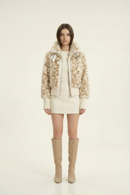 Julie Short Jacket with Stand Collar – Beige & Brown