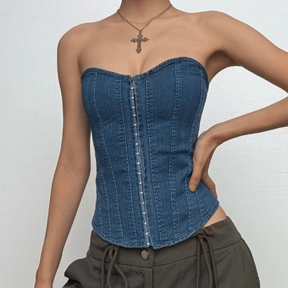 Denim lace up back heart neck tube top