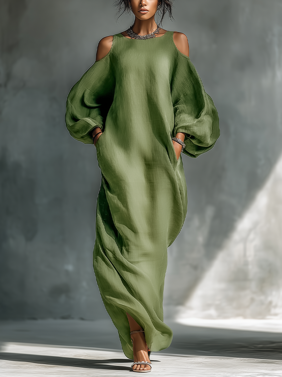 Veronica | Women’s light green off-shoulder maxi dress with oversized puff sleeves and side pockets