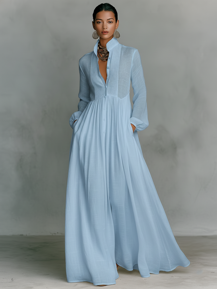 ESSENTIAL - Maxi Minimalist Dress in Cotton & Linen with Patchwork, High Collar and Long Sleeves