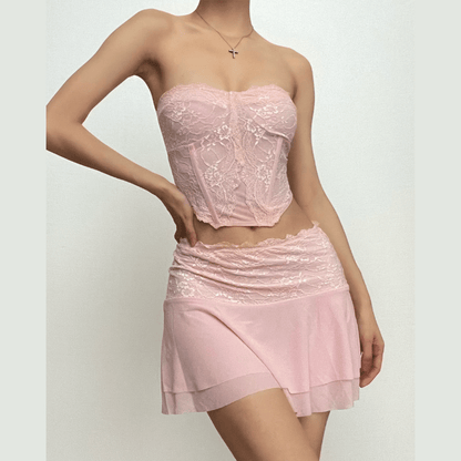 Mesh solid sleeveless backless lace hem tube top skirt set