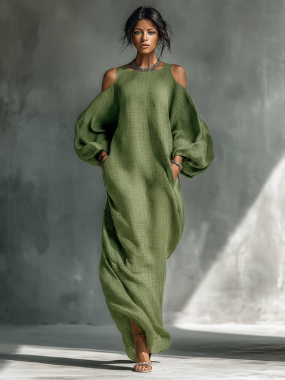 Veronica | Women’s light green off-shoulder maxi dress with oversized puff sleeves and side pockets
