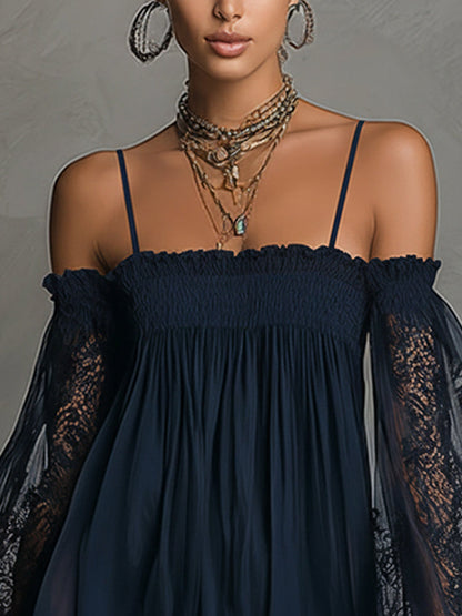 Noemi | Chiffon mini dress with an off-the-shoulder neckline, lace trim, and sheer sleeves