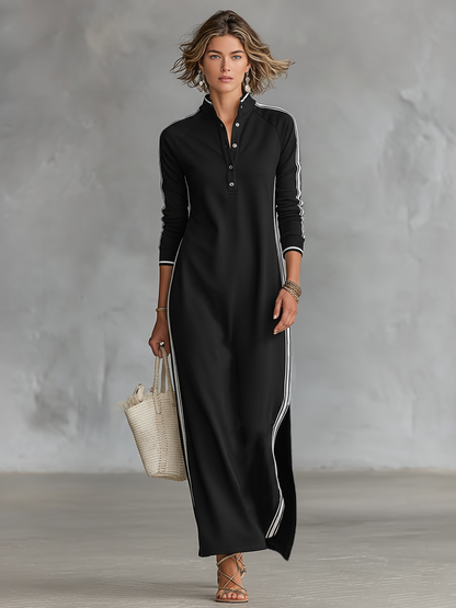 🌸  Women's Maxi Sweatshirt Dress with Button-Down Collar and White Trim