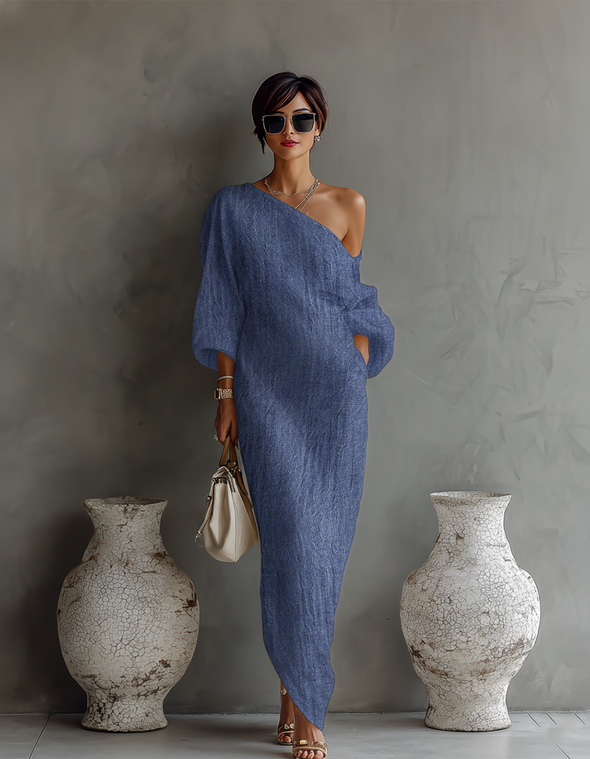 🌸 Elegant Flowing Cotton-Linen Dress in Ivory White with One-Shoulder Design