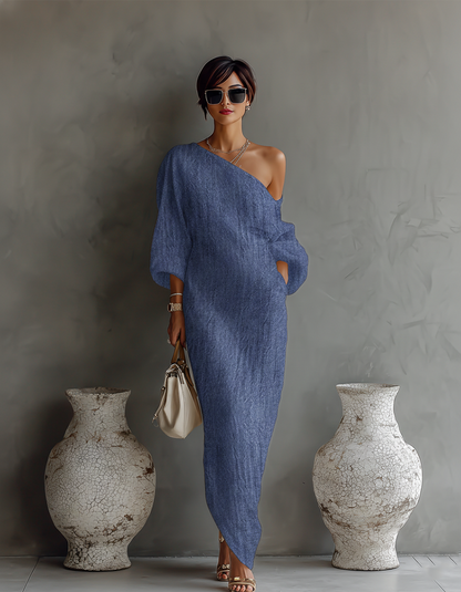 🌸 Elegant Flowing Cotton-Linen Dress in Ivory White with One-Shoulder Design