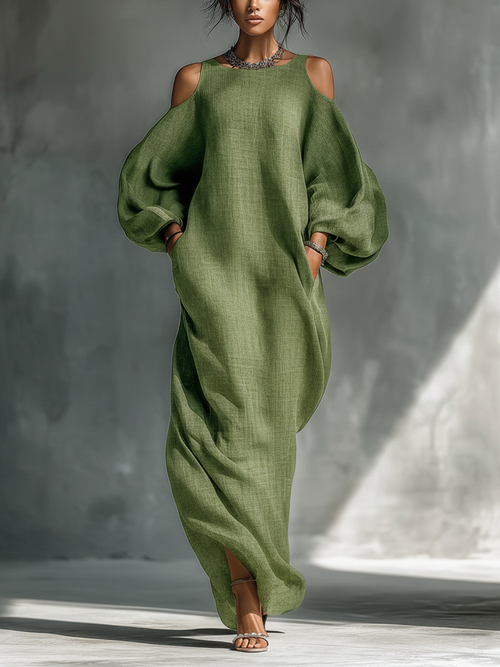 Veronica | Women’s light green off-shoulder maxi dress with oversized puff sleeves and side pockets