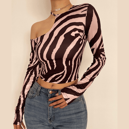 Long sleeve off shoulder zebra print crop top